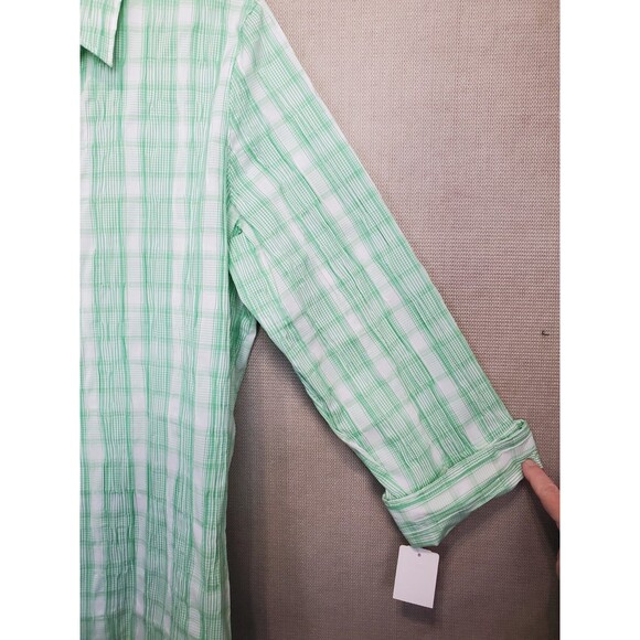 Foxcroft Fitted Crinkle Plaid Green 3/4 Sleeve Button-Up Top Size 16 NWT - Picture 2 of 6